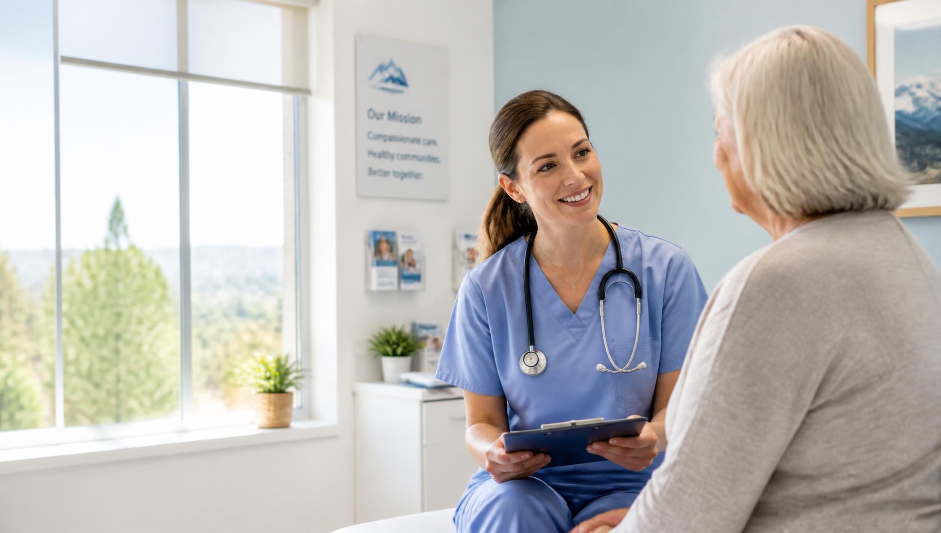 An Ocoee Regional Health Corporation nurse practitioner talking with a patient in a sunlit exam room